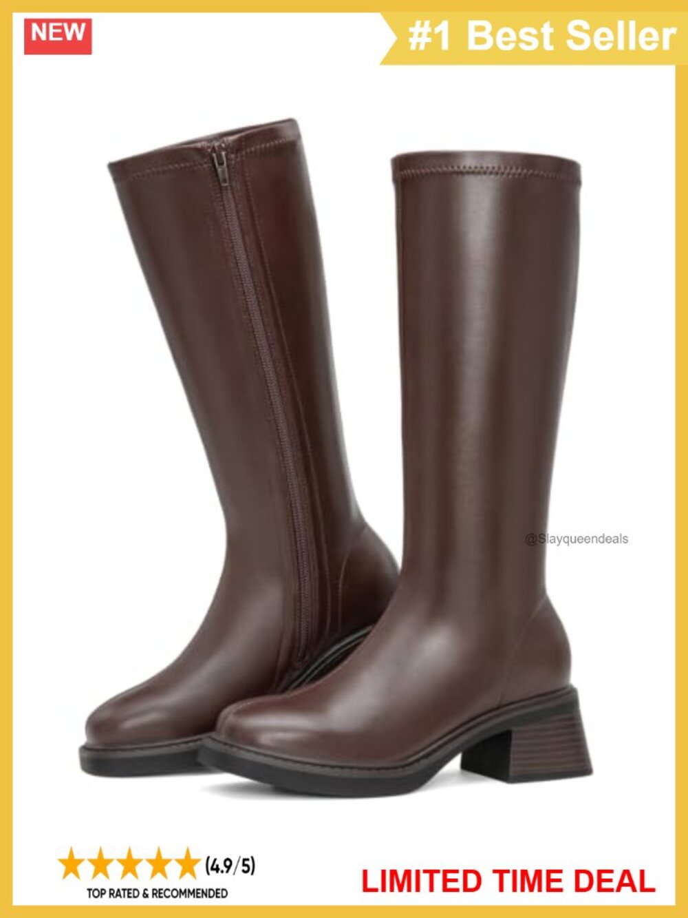 Women's Block Low Heel Knee High Boots Square Toe Riding Boots Faux Leather